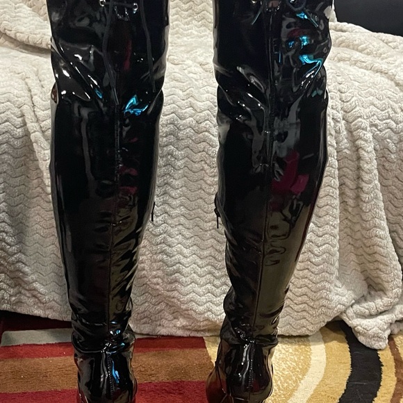 NWB SIZE 9 PLEASER ADORE3050 BLACK 7" PLATFORM LACE UP THIGH HIGH W/SIDE ZIPPER - Picture 3 of 12